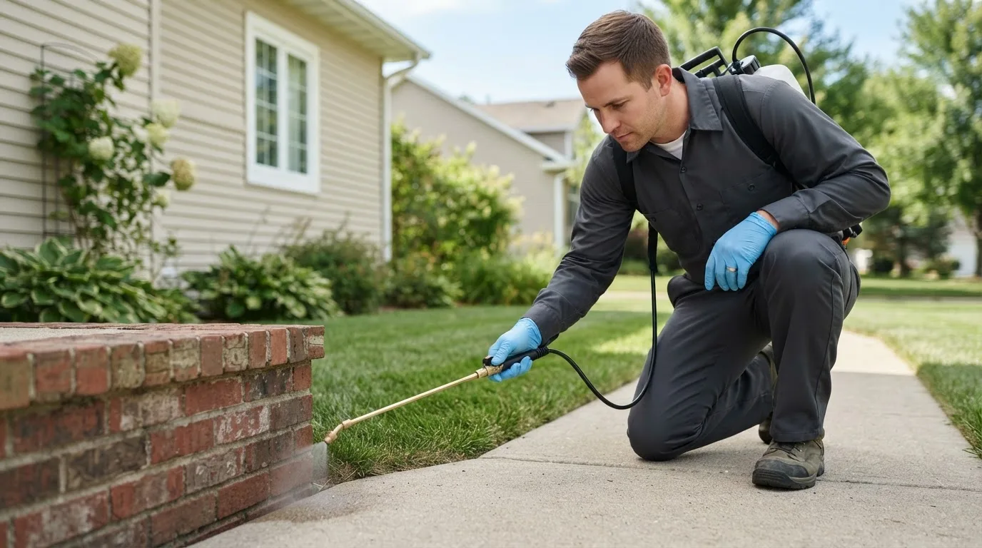 Pest control technician treating a home near Burlington Junction, MO