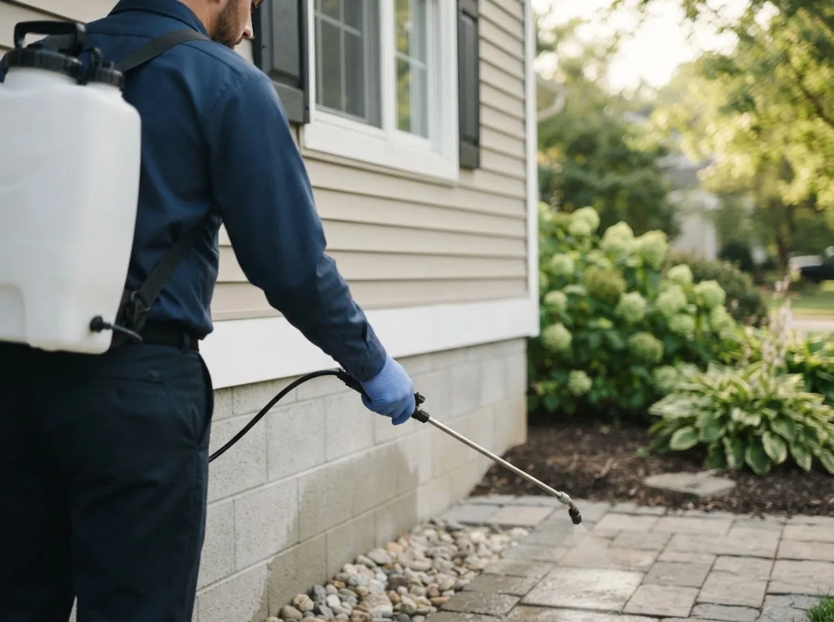 Pest control technician inspecting a home in Burlington Junction, MO